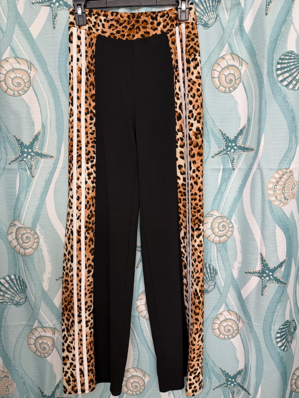 Black Wide-Leg Pants with Leopard Trim and Side Stripes